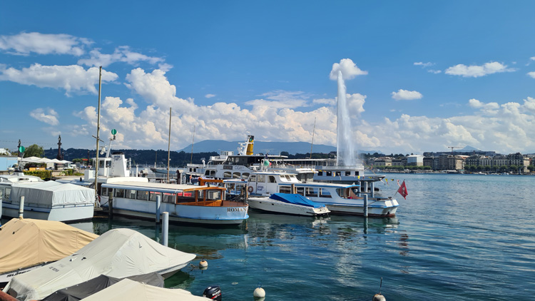 A collection of sailboats and ships gathered in the harbour at Port Noir, Genève, under a clear sky