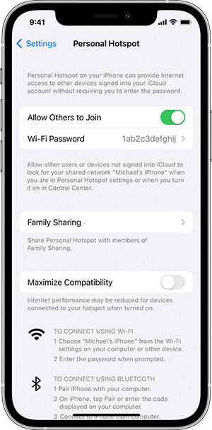 iPhone screen showing the Personal Hotspot bar.