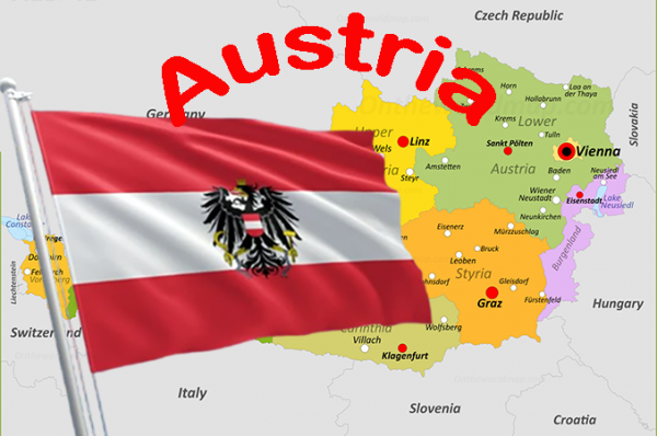 Map of Austria with the Austrian Flag over it