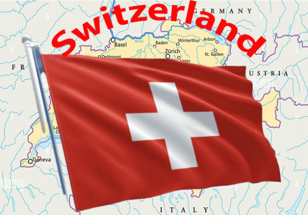 A map of Switzerland with a Swiss flag over the top