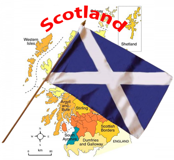 A map of Scotland with a Scottish flag over the top