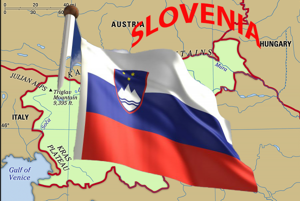 A map of Slovenia with a Slovenian  flag over the top